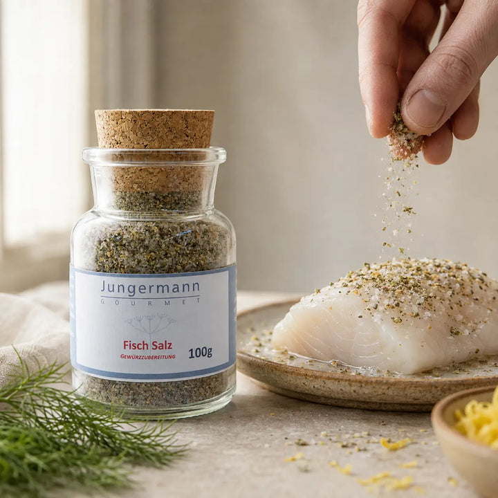 Jungermann Gourmet Fisch-Salz beim Würzen eines frischen Fischfilets