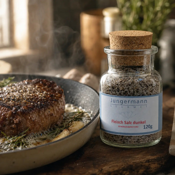 Jungermann Gourmet Fleisch-Salz dunkel zu Rindersteak beim Anbraten