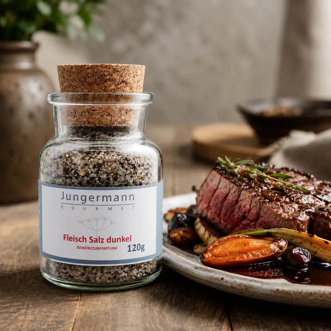 Jungermann Gourmet Fleisch-Salz dunkel zu Rind mit Wurzelgemüse und Jus