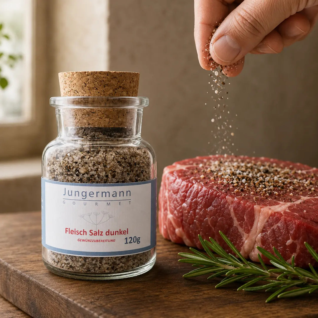 Jungermann Gourmet Fleisch-Salz dunkel beim Würzen eines Rindersteaks
