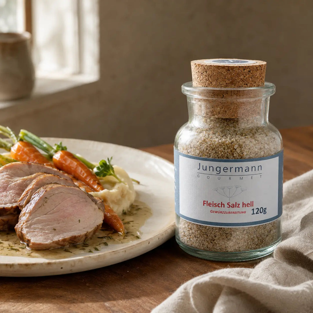 Jungermann Gourmet Fleisch-Salz hell zu Schweinefilet mit Gemüse