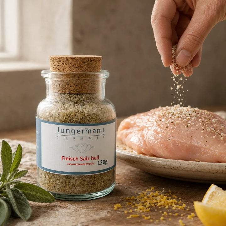 Jungermann Gourmet Fleisch-Salz hell beim Würzen von Geflügel