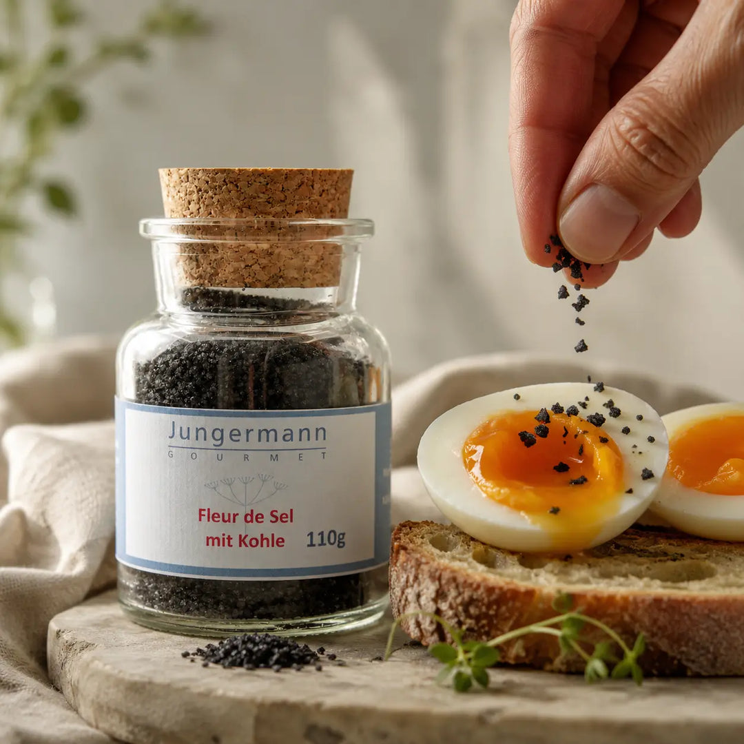 Jungermann Gourmet Fleur de Sel mit Aktivkohle als Finish auf Ei und Brot