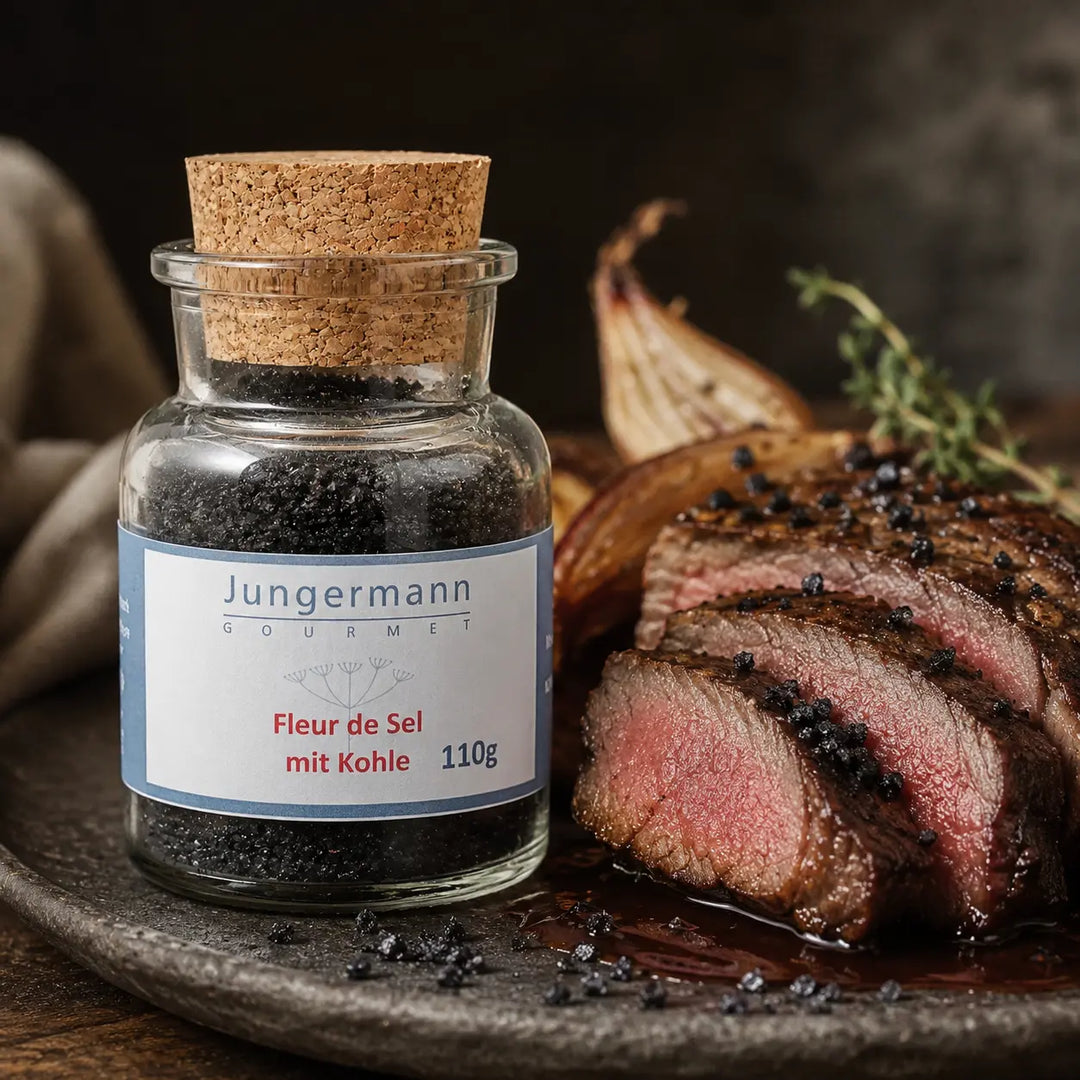 Jungermann Gourmet Fleur de Sel mit Aktivkohle zu Rindersteak