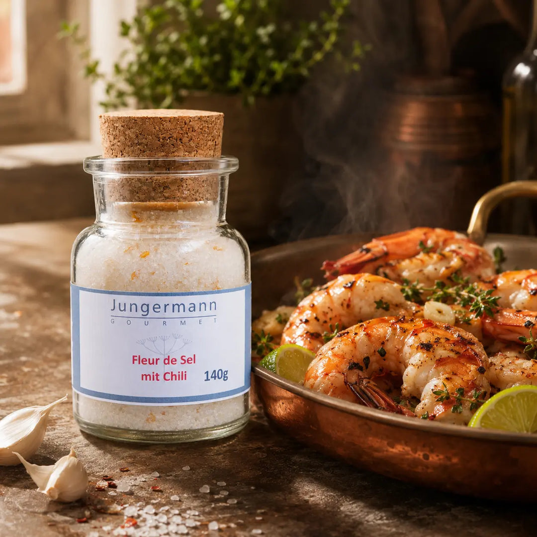 Jungermann Gourmet Fleur de Sel mit Chili zu gebratenen Garnelen