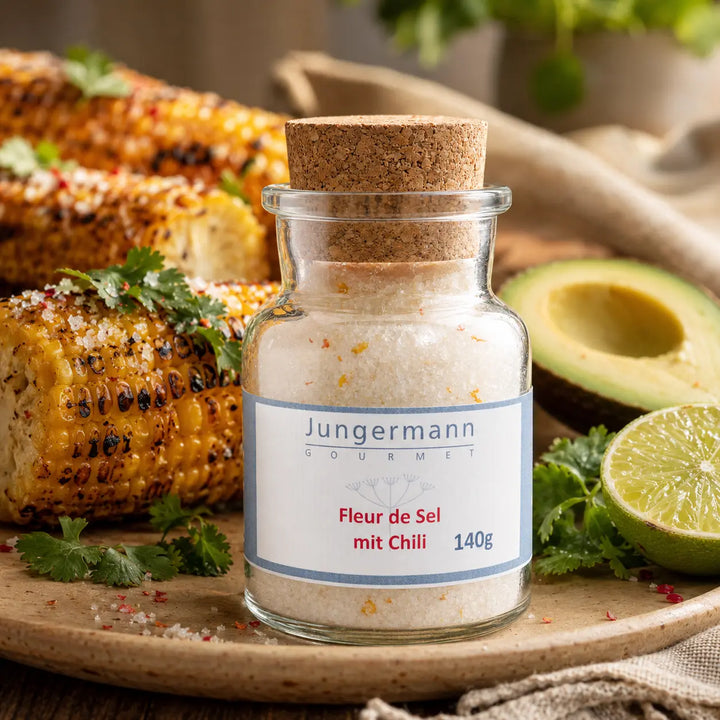Jungermann Gourmet Fleur de Sel mit Chili zu Grillmais und Avocado