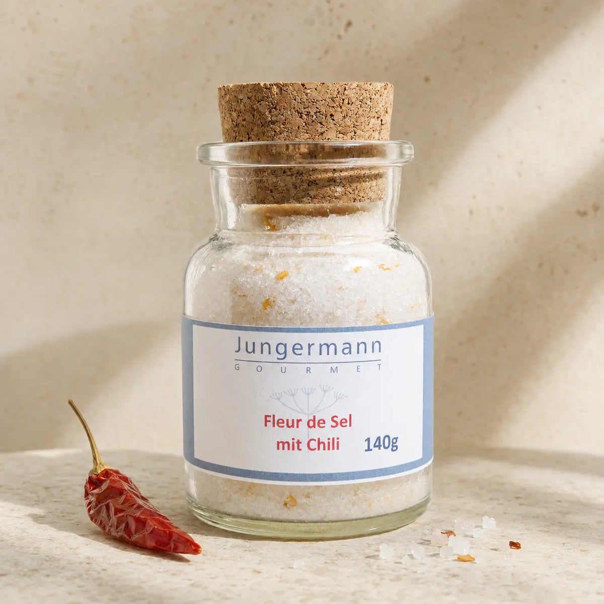 Jungermann Gourmet Fleur de Sel mit Chili im Korkenglas – Packshot