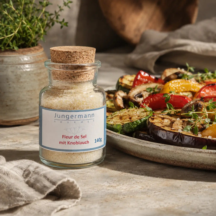 Jungermann Gourmet Fleur de Sel mit Knoblauch zu gegrilltem Gemüse