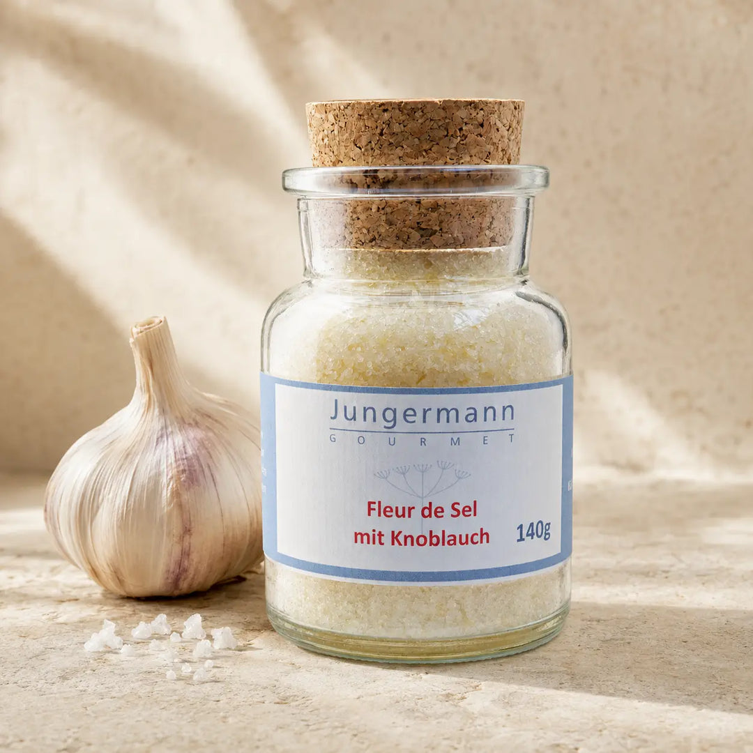 Jungermann Gourmet Fleur de Sel mit Knoblauch im Korkenglas – Packshot