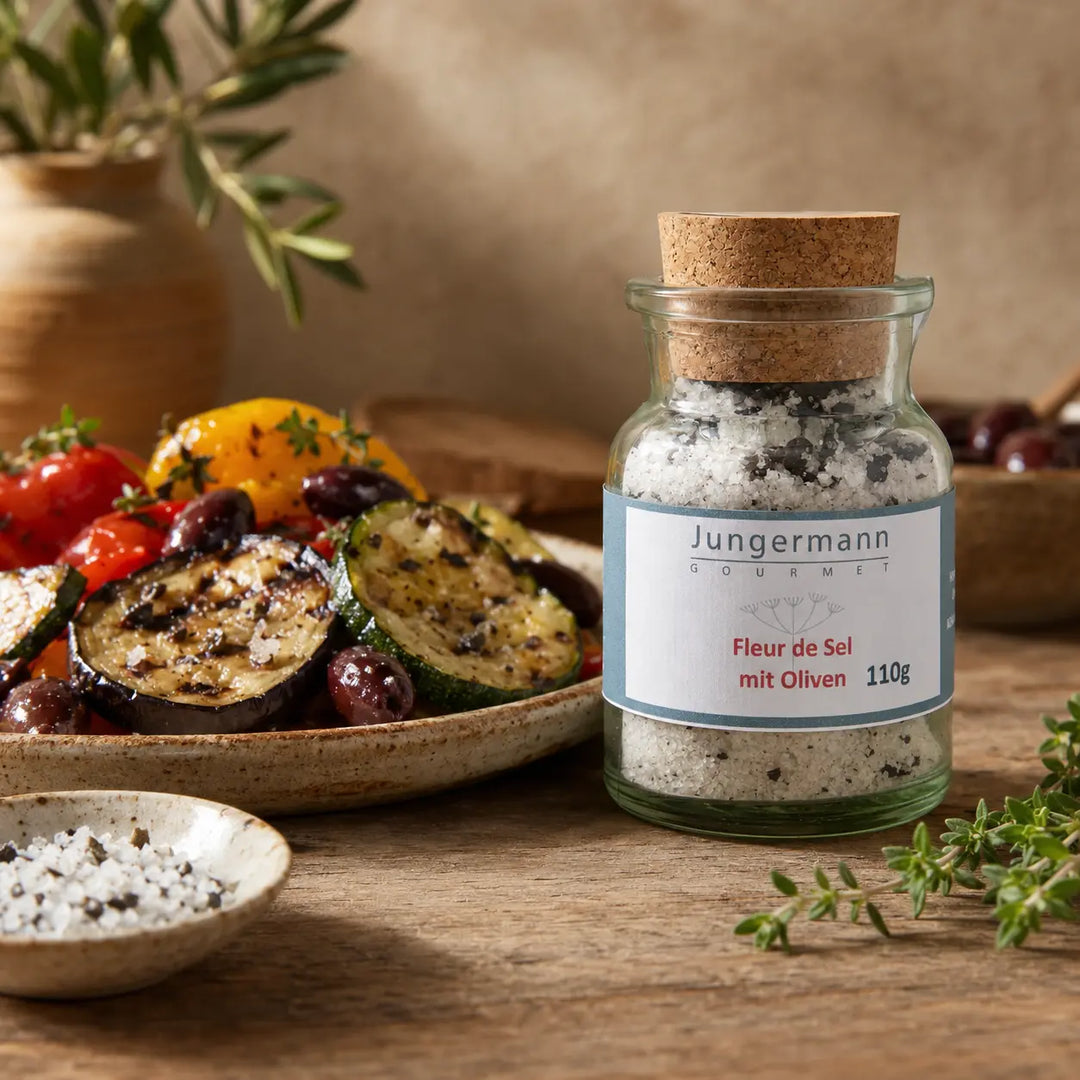 Fleur de Sel mit Oliven zu mediterranem Grillgemüse