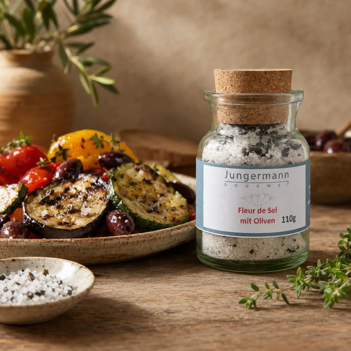 Fleur de Sel mit Oliven zu mediterranem Grillgemüse
