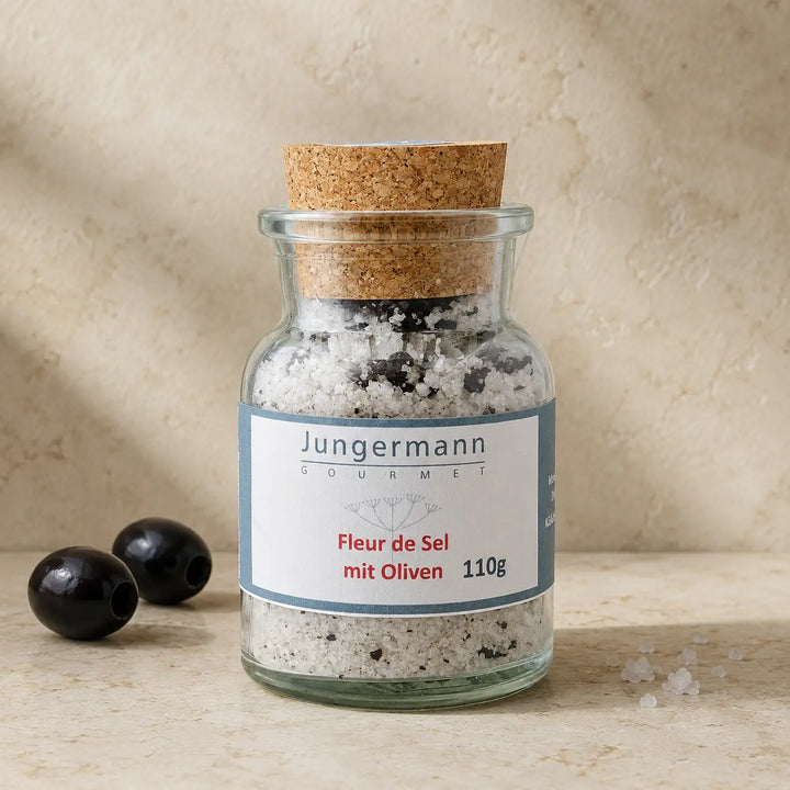 Jungermann Gourmet Fleur de Sel mit Oliven im Glas mit Korken