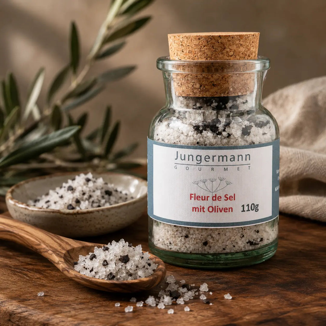 Fleur de Sel mit Oliven mit sichtbaren Salzkristallen und Olivenstücken