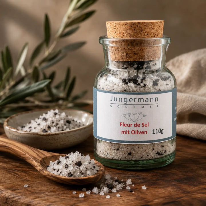 Fleur de Sel mit Oliven mit sichtbaren Salzkristallen und Olivenstücken