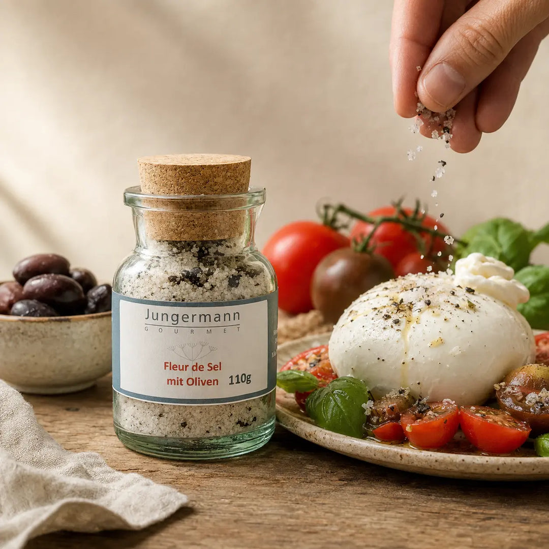 Fleur de Sel mit Oliven zu Tomaten und Burrata