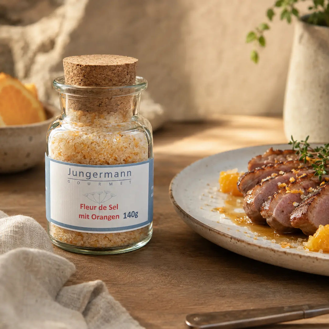 Jungermann Fleur de Sel mit Orangen zu gebratener Entenbrust