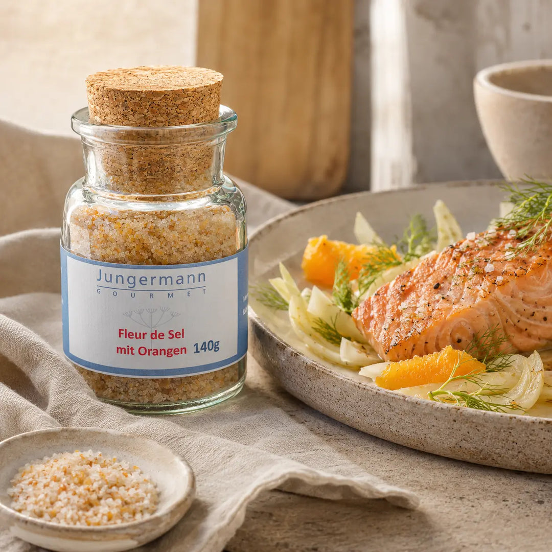 Fleur de Sel mit Orangen zu Lachs mit Fenchel