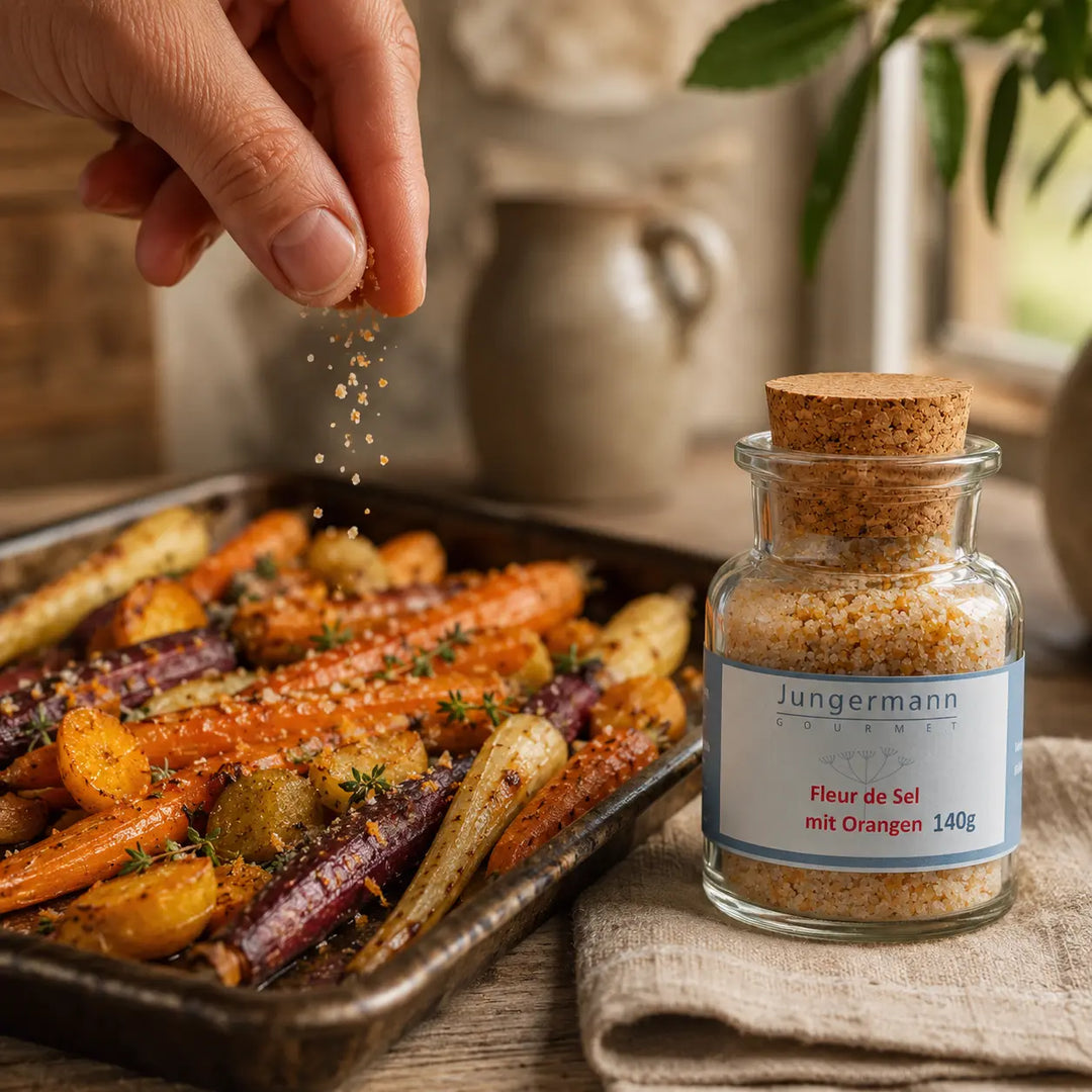 Fleur de Sel mit Orangen zu geröstetem Ofengemüse