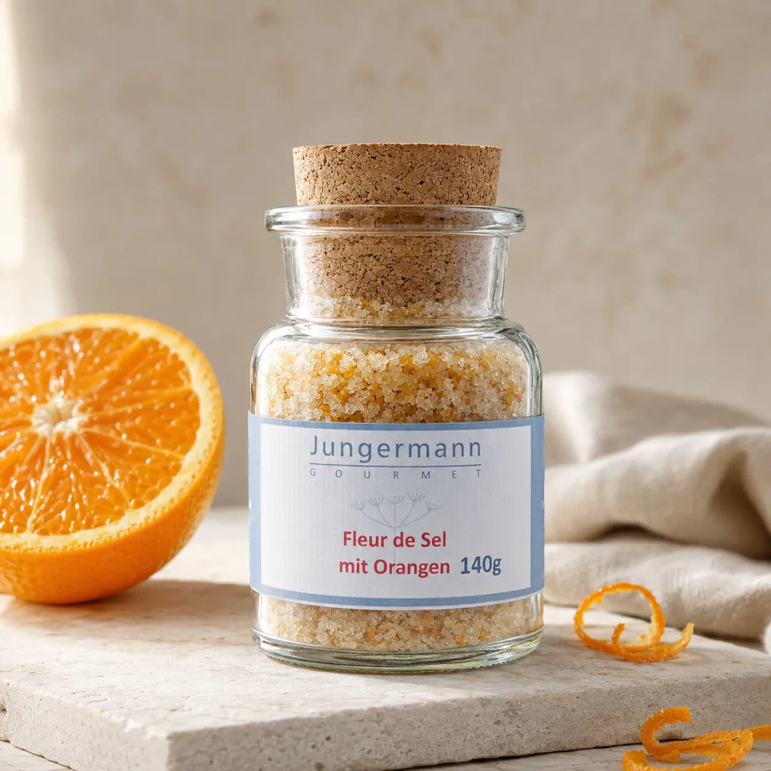 Jungermann Gourmet Fleur de Sel mit Orangen im Glas mit frischer Orange
