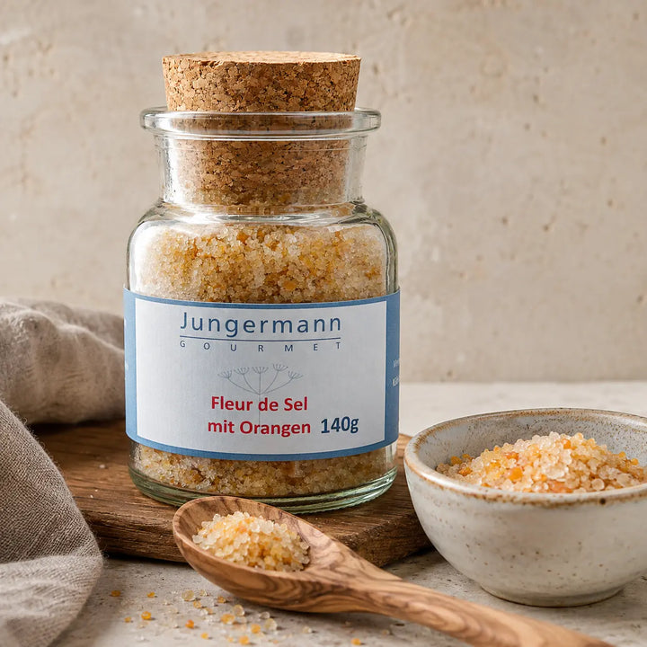 Fleur de Sel mit Orangen mit sichtbaren Salzkristallen und Orangenzesten
