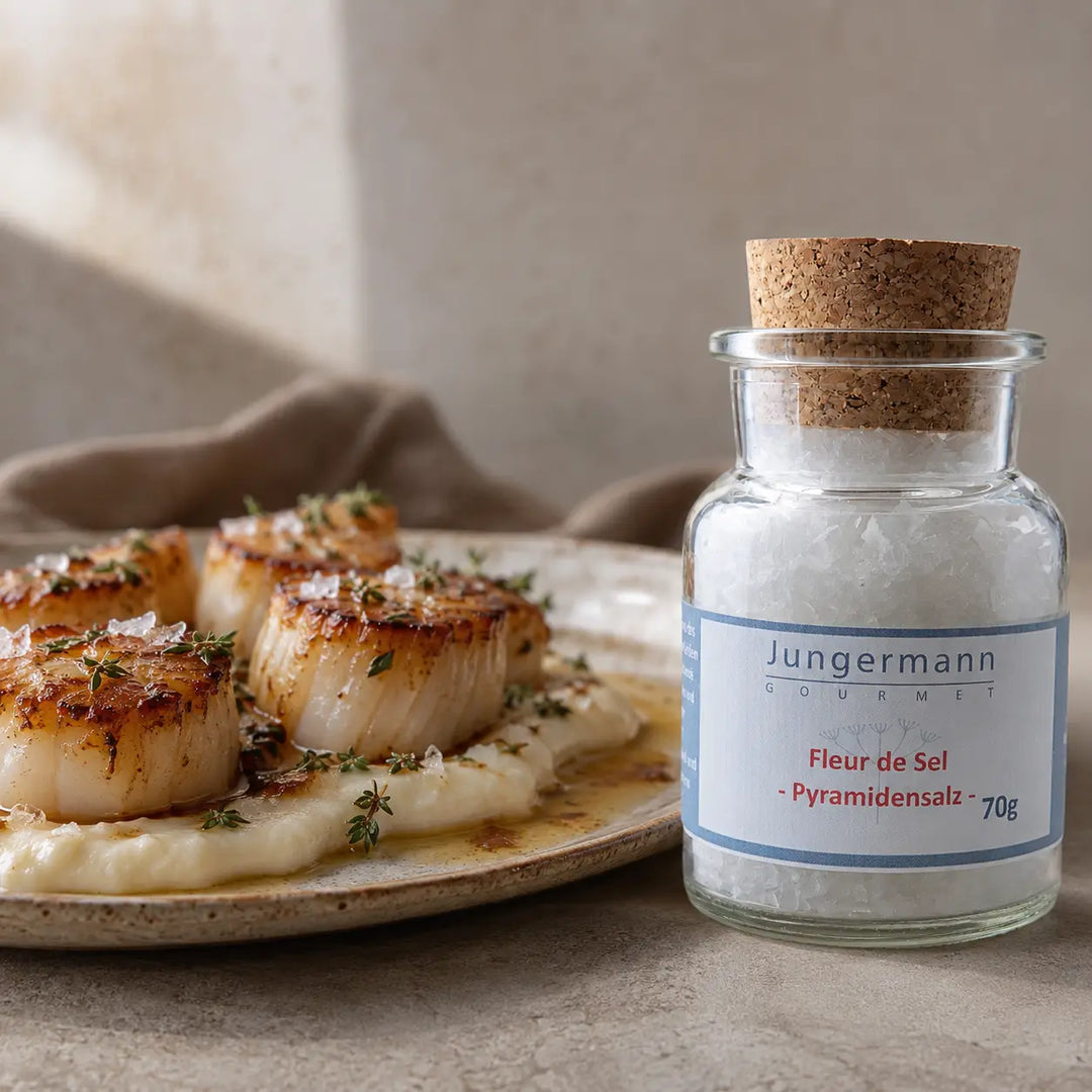 Jungermann Gourmet Fleur de Sel Pyramiedensalz zu gebratenen Jakobsmuscheln