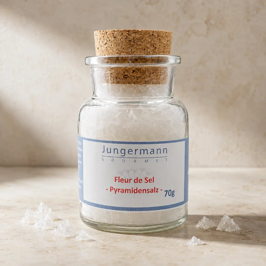 Jungermann Gourmet Fleur de Sel Pyramiedensalz im Korkenglas – Packshot