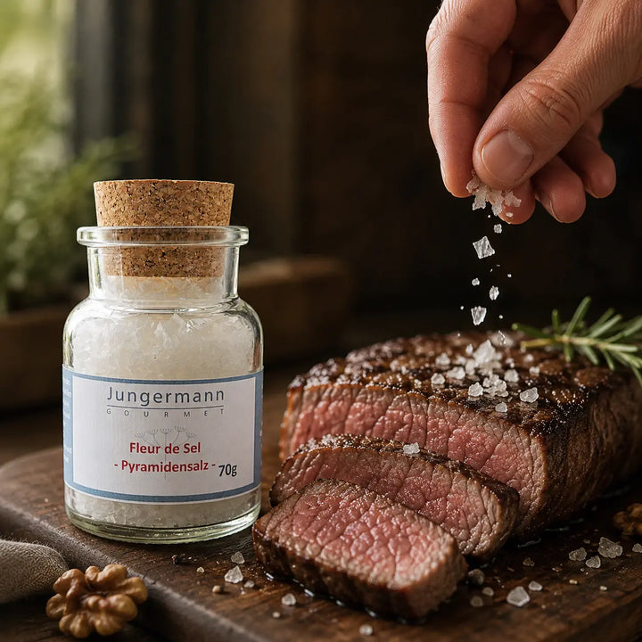 Jungermann Gourmet Fleur de Sel Pyramiedensalz als Finish auf Rindersteak
