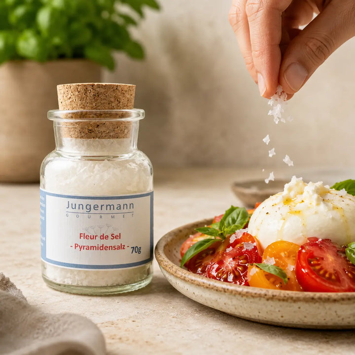 Jungermann Gourmet Fleur de Sel Pyramiedensalz zu Tomaten und Burrata