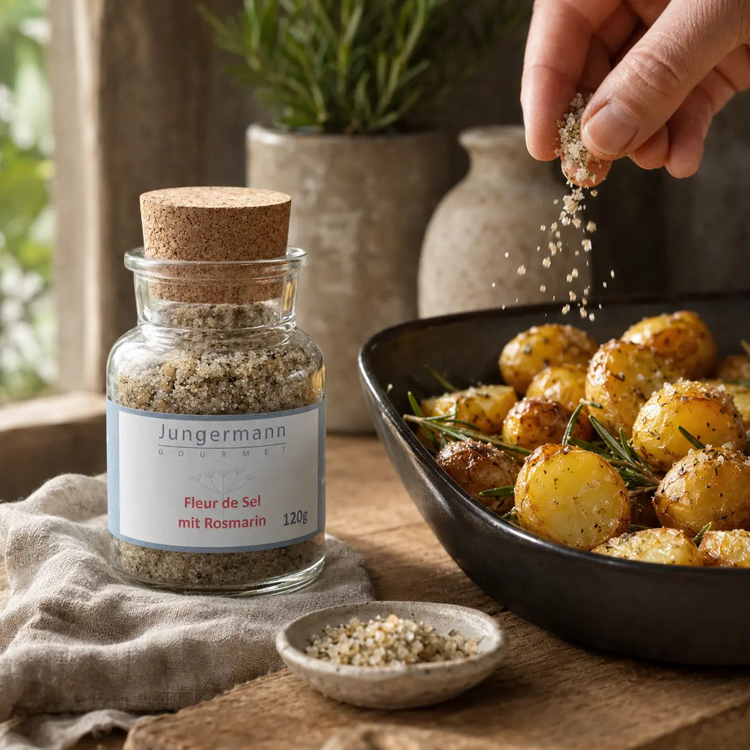 Fleur de Sel mit Rosmarin zu knusprigen Ofenkartoffeln
