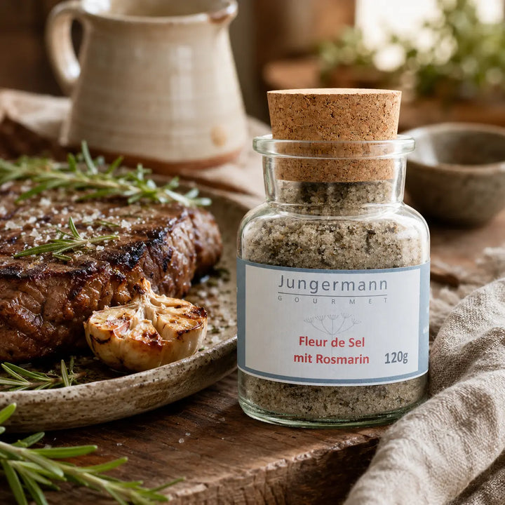 Fleur de Sel mit Rosmarin zu gegrilltem Steak und Knoblauch