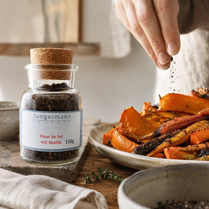Fleur de Sel mit Vanille zu geröstetem Kürbis und Karotten