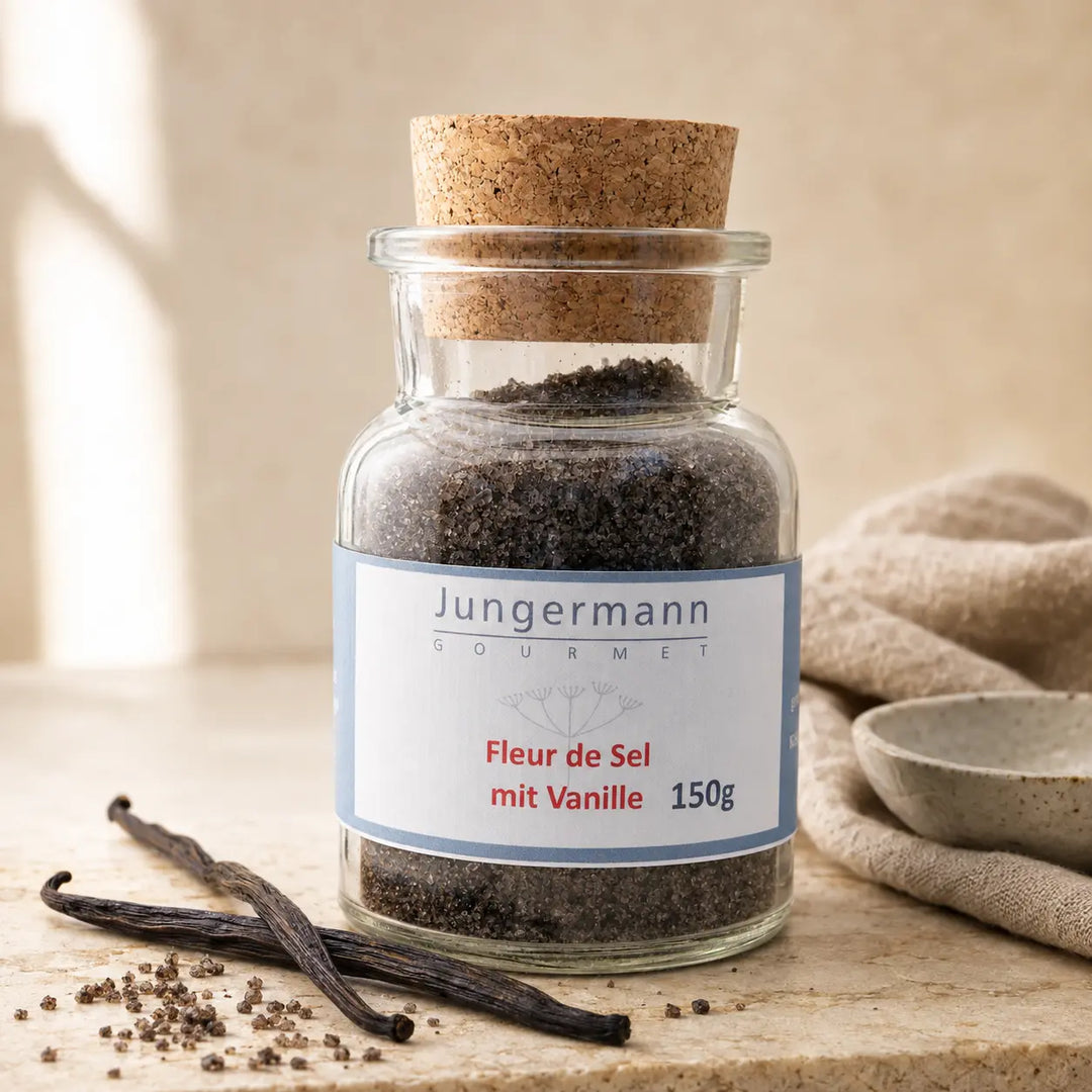 Jungermann Gourmet Fleur de Sel mit Vanille im Glas mit Vanilleschoten