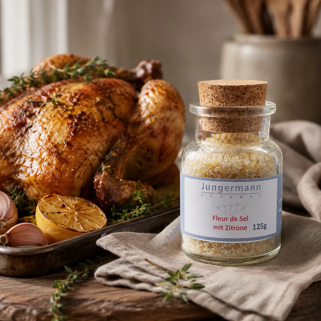 Jungermann Fleur de Sel mit Zitrone zu goldenem Brathähnchen