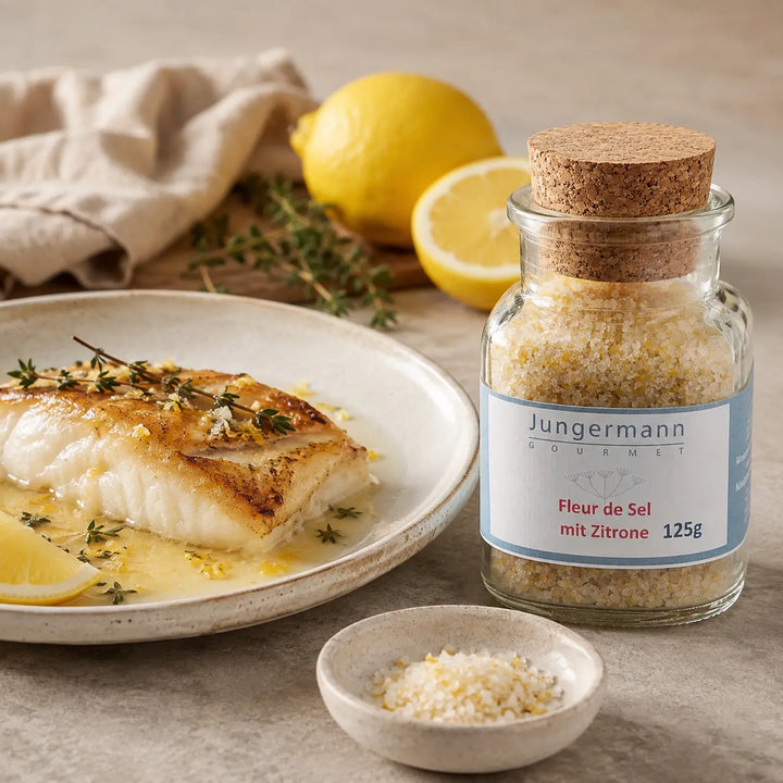 Fleur de Sel mit Zitrone zu gebratenem Fischfilet