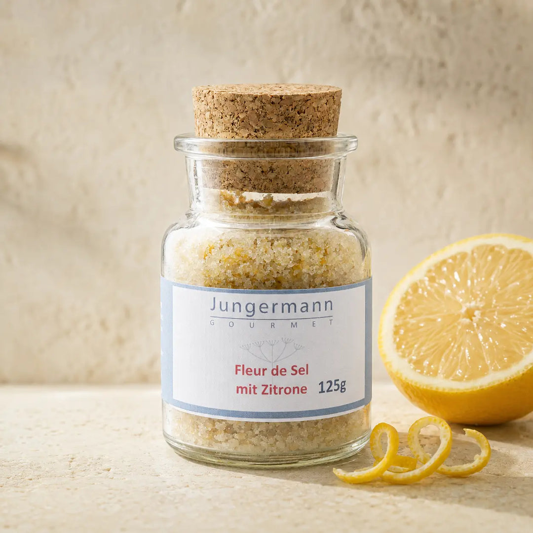 Jungermann Gourmet Fleur de Sel mit Zitrone im Glas mit frischer Zitrone