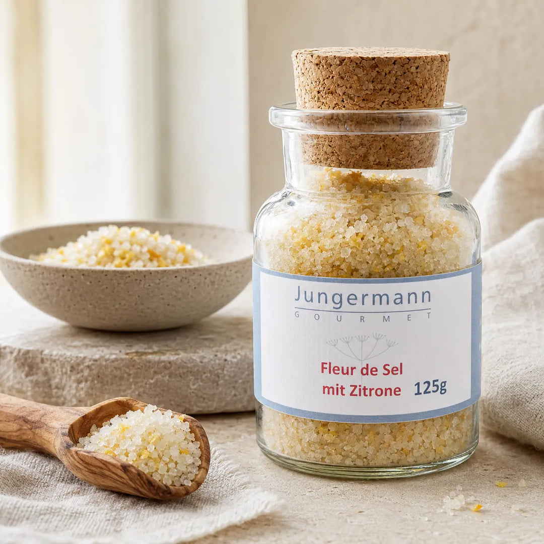 Fleur de Sel mit Zitrone mit sichtbaren Salzkristallen und Zitronenzesten