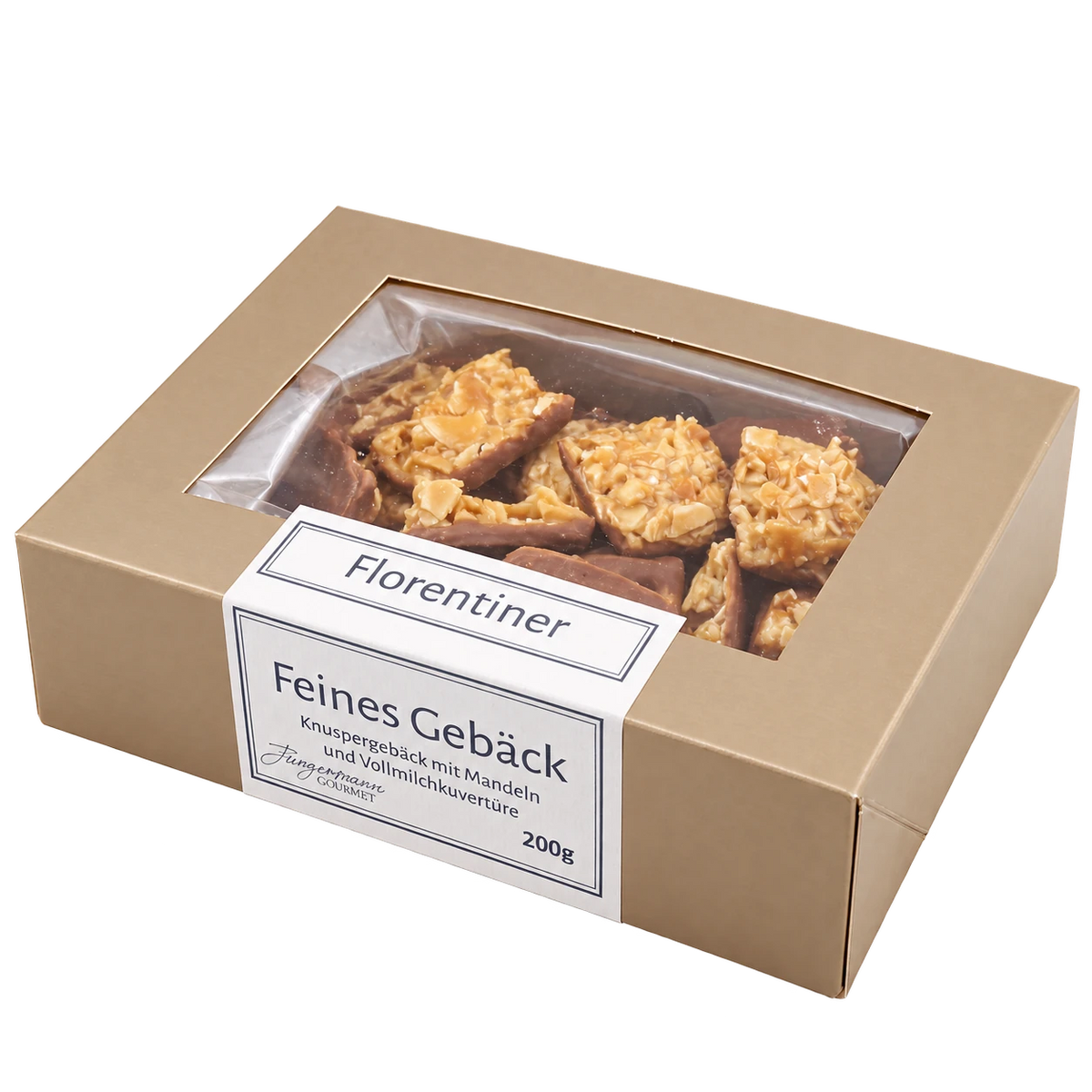 Florentiner von Jungermann Gourmet in der Gebäckschachtel mit Sichtfenster – freigestellte schräge Produktansicht.