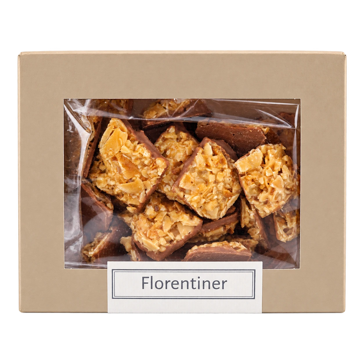Florentiner von Jungermann Gourmet in der Gebäckschachtel mit Sichtfenster – freigestellte Frontalansicht.