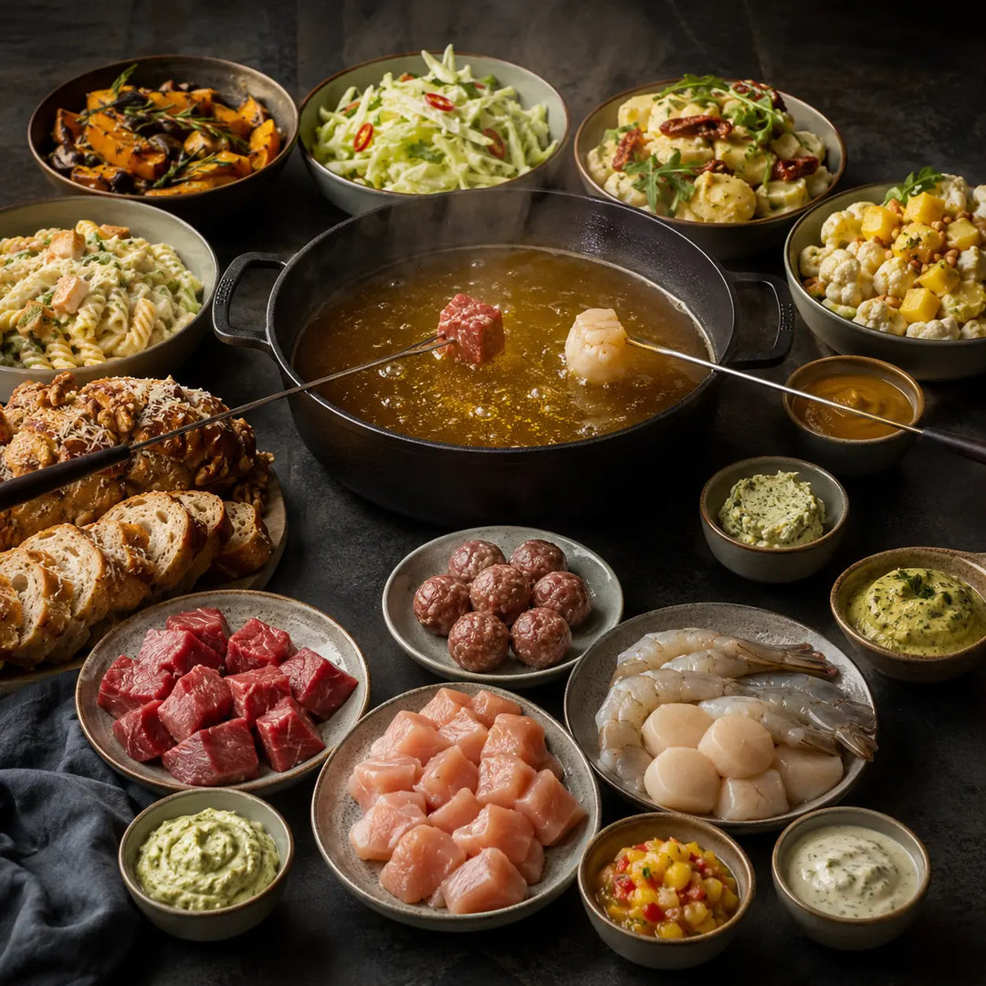 Jungermann Gourmet Fondue-Box für zwei – Fleisch, Fisch, Beilagen und Dips