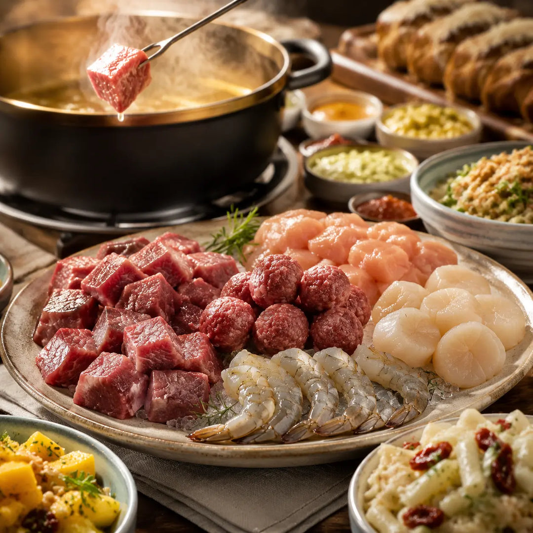 Fondue-Auswahl mit Rinderfilet, Maispoularde, Hackbällchen, Jakobsmuscheln und Garnelen