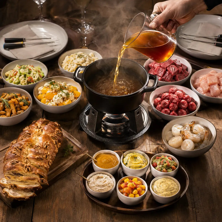 Konzentrierter Würzsud beim Einfüllen in den Fondue-Topf