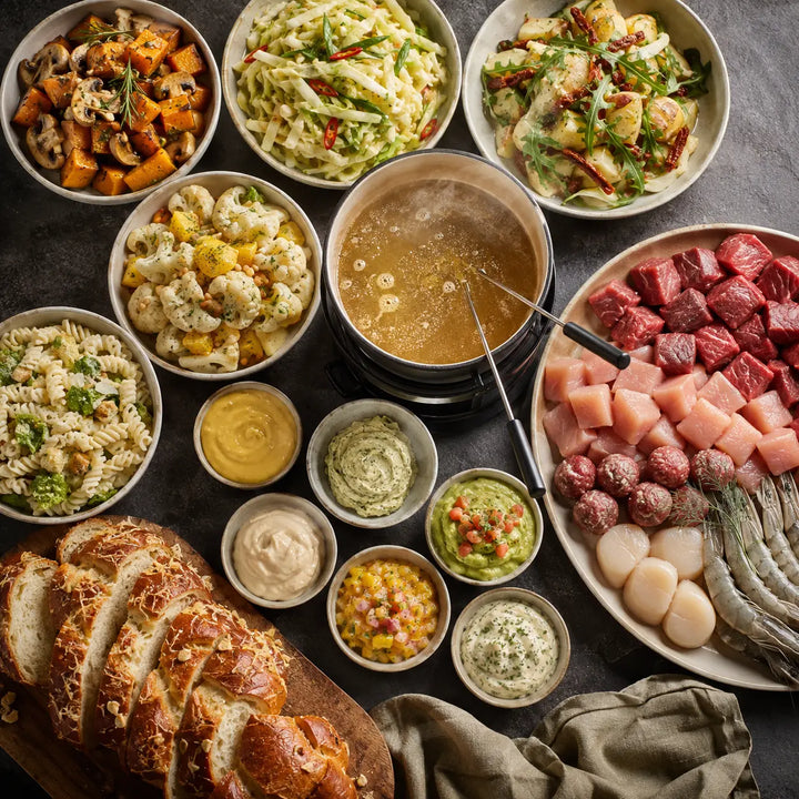 Fondue-Box mit fünf Salaten, sieben Dips und Parmesan-Walnuss-Zopf