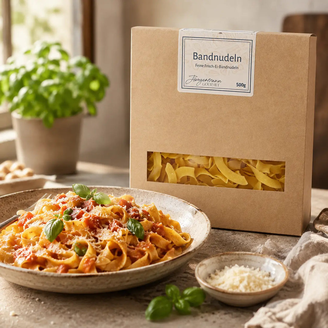 Frisch-Ei Bandnudeln mit Tomatensauce und Basilikum