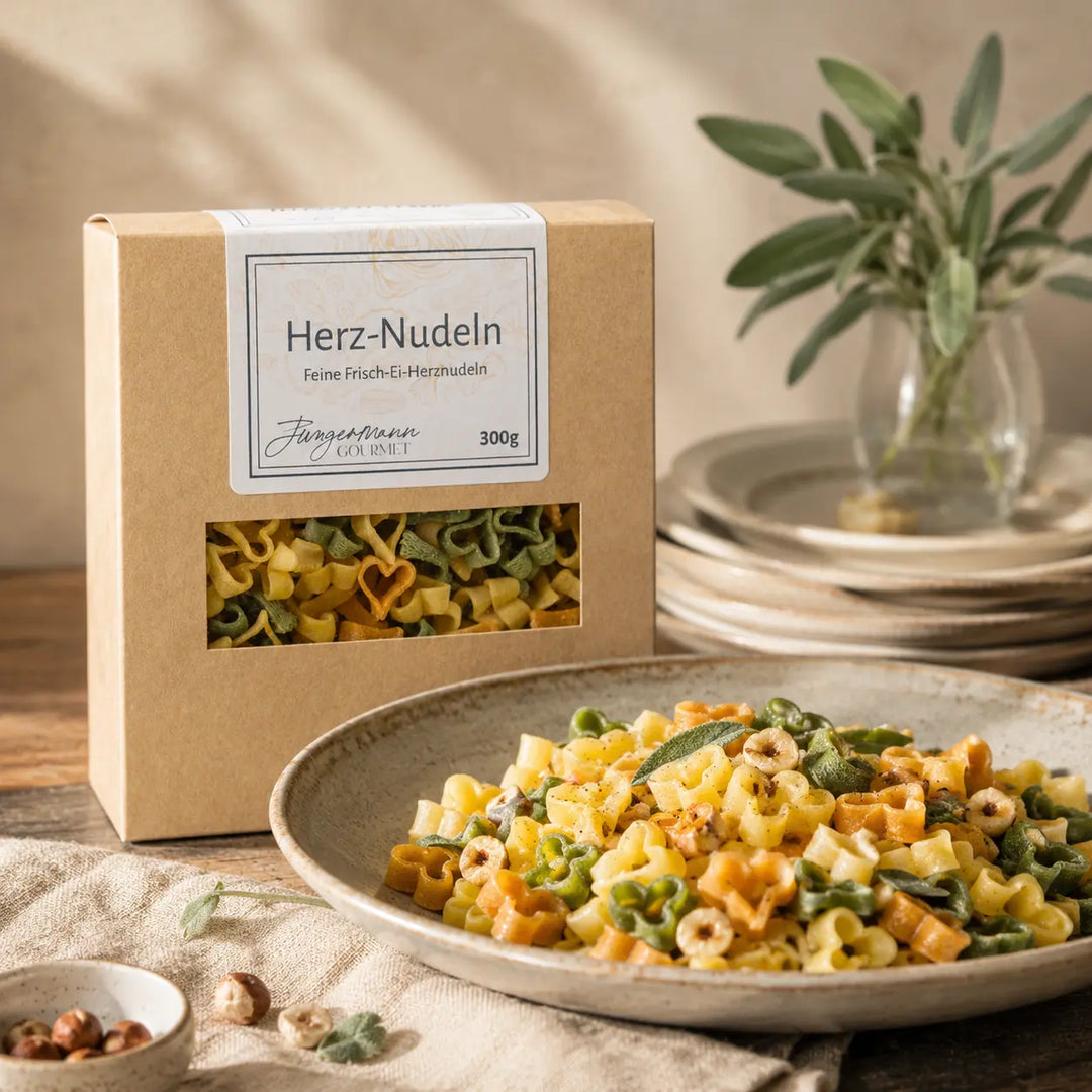 Mehrfarbige Herz-Nudeln mit Salbeibutter und Haselnüssen