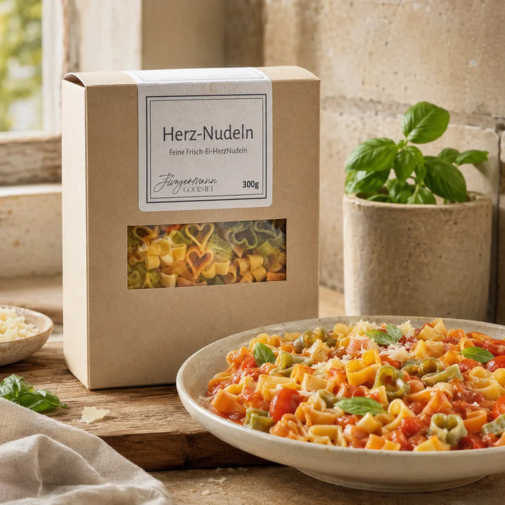 Frisch-Ei Herz-Nudeln mit Tomaten und Basilikum
