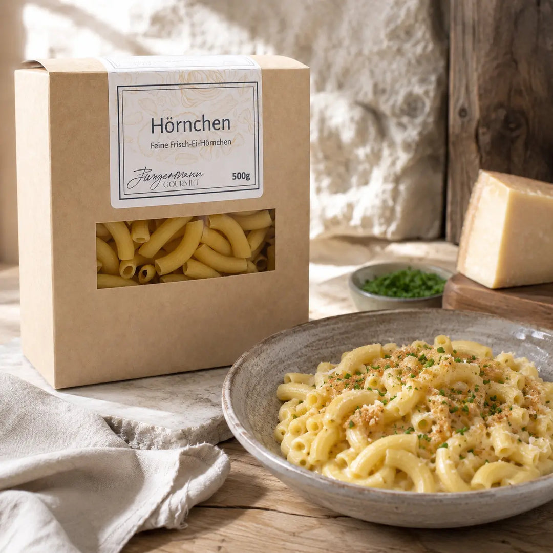 Frisch-Ei Hörnchen in cremiger Käsesauce mit Kräutern