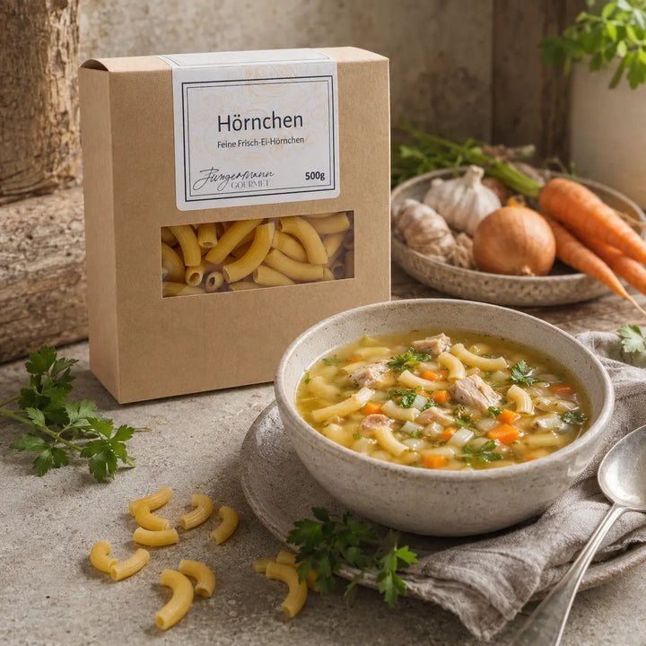 Frisch-Ei Hörnchen als Einlage in einer klaren Gemüsesuppe