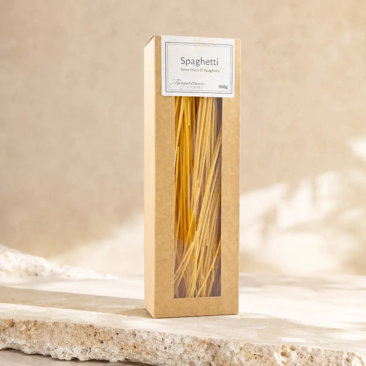 Frisch-Ei Spaghetti von Jungermann Gourmet – Packshot der Spaghetti in der Kraftpapierverpackung