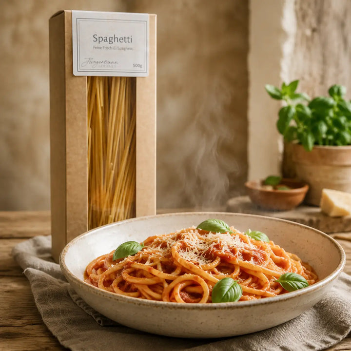 Frisch-Ei Spaghetti von Jungermann Gourmet – serviert mit Tomatensauce, Basilikum und Parmesan