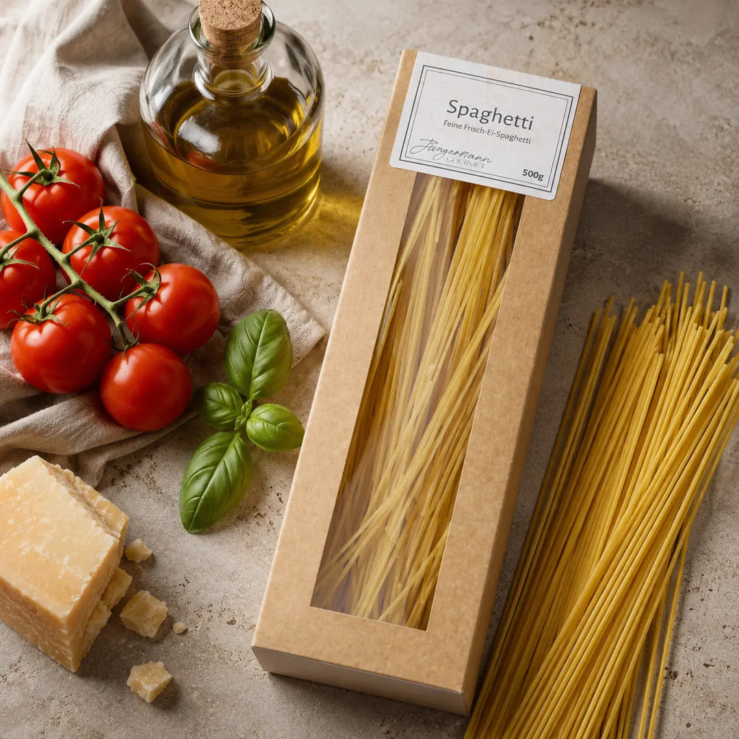 Frisch-Ei Spaghetti von Jungermann Gourmet – mit Tomaten, Basilikum, Parmesan und Olivenöl